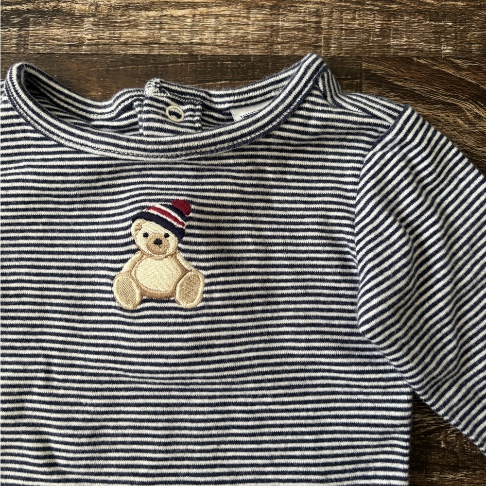 Janie and Jack Blue and White Long Sleeve Tee with Bear Detail